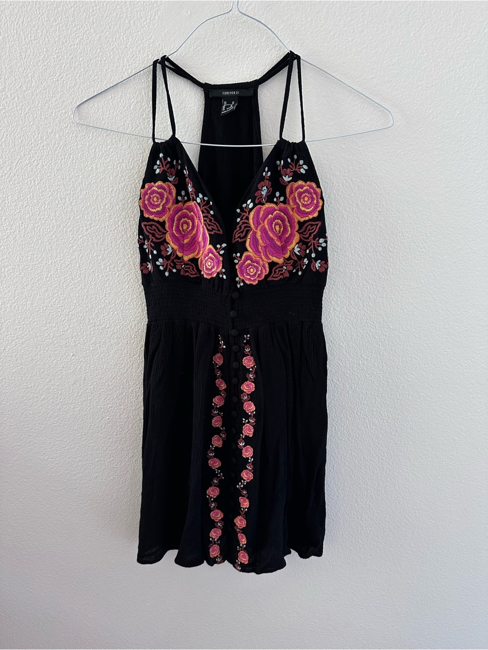 Black Spaghetti Strap Dress with Pink & Fuchsia Floral Embroidery